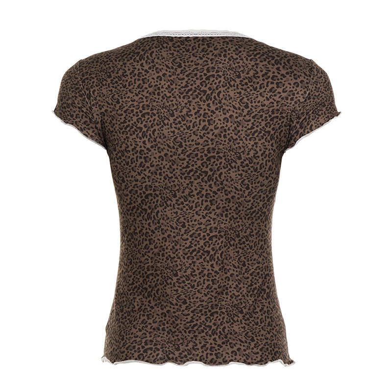 Vintage Leopard Lace Trim V-Neck Short Sleeve T-Shirt Elegant Close-Fit Crop Top