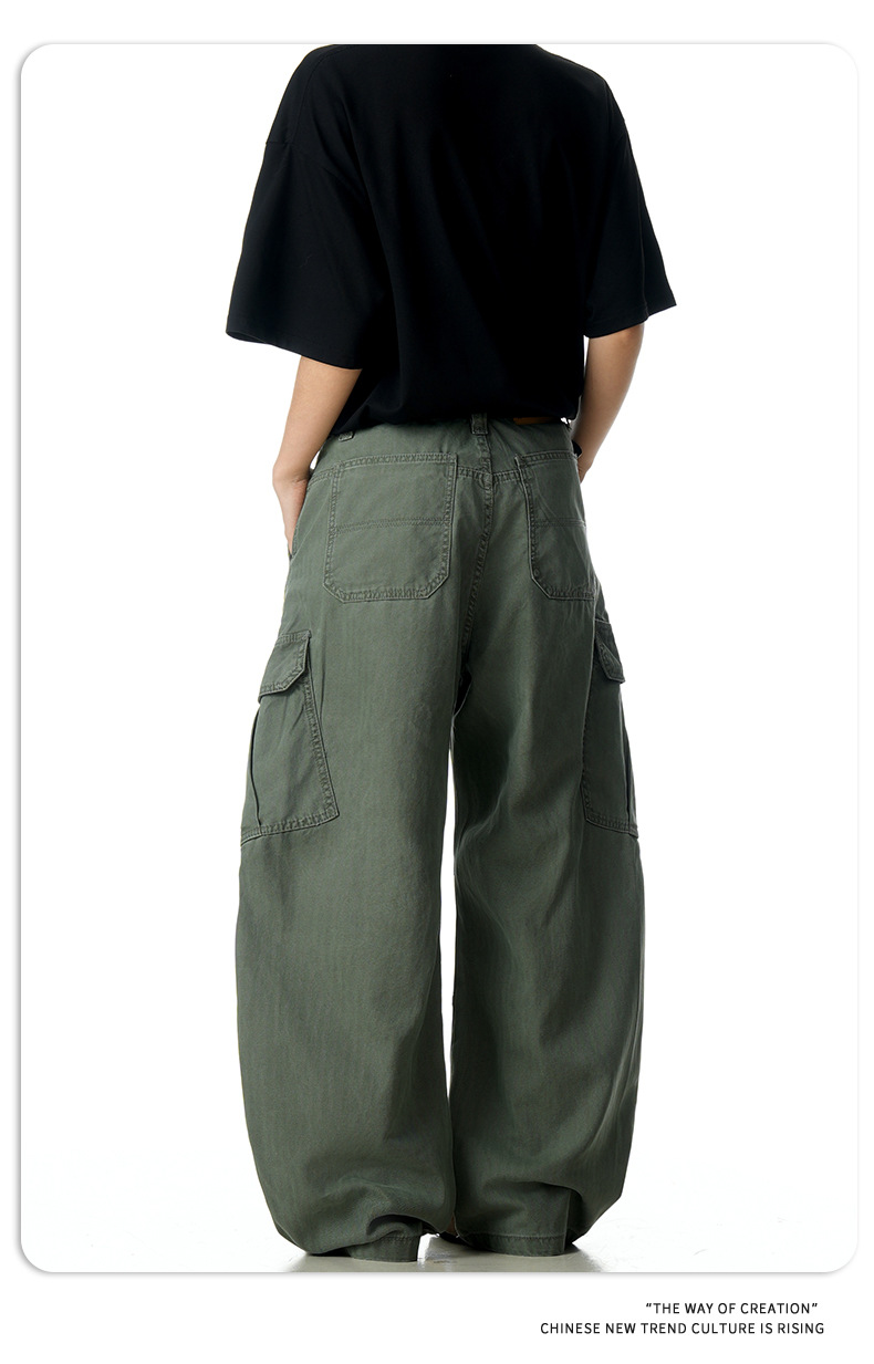 Multiple Pockets Designed Slimming Loose Fit Wide-Leg Tapered Pants