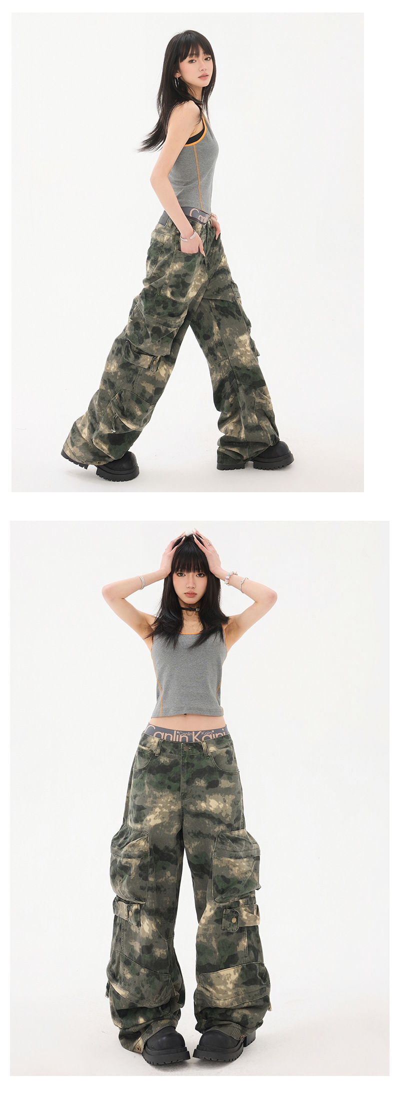 Women's Work Pants Camouflage Multi-Pocket Loose Wide-Leg Denim Trousers