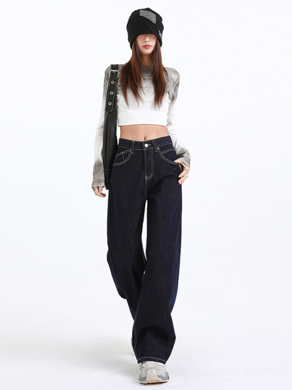 Women's Dark Blue Straight Loose Narrow Version Floor-Length Wide-Leg Long Pants