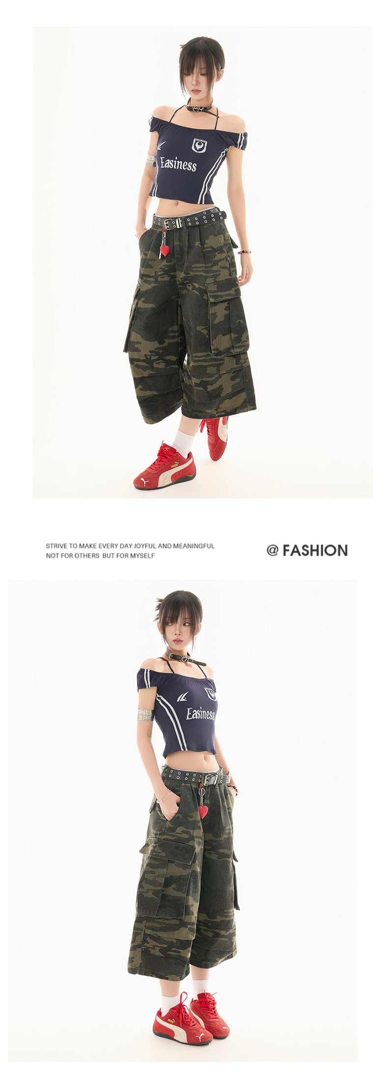 Women's Camouflage Cargo Capri Pants Slim Wide Leg Denim Trousers