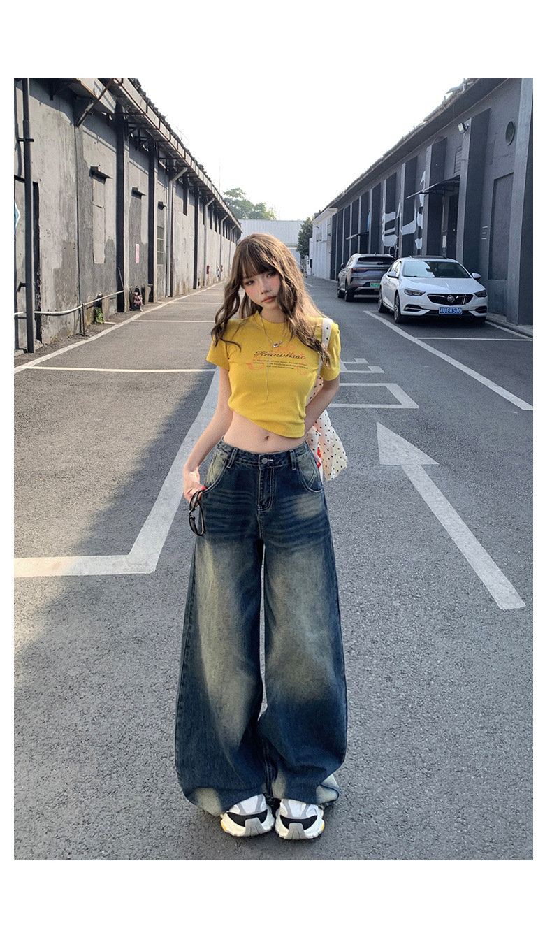 Women's Wide-Leg Jeans Low-Waist Loose Washed Straight Pants