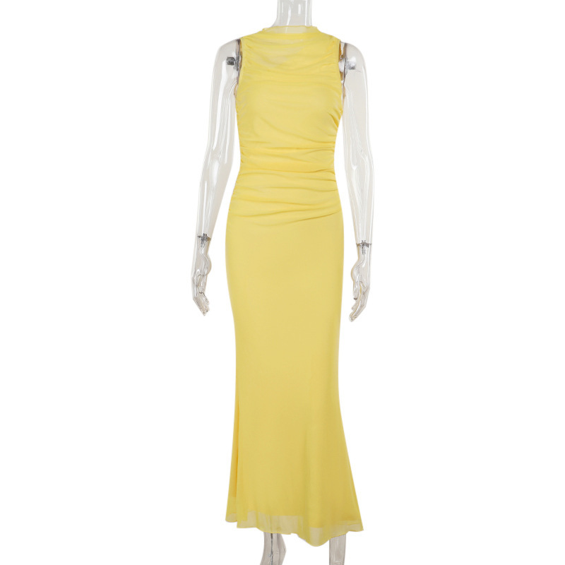 Plain Round Neck Sleeveless Fitted Sheer Polyester Dress