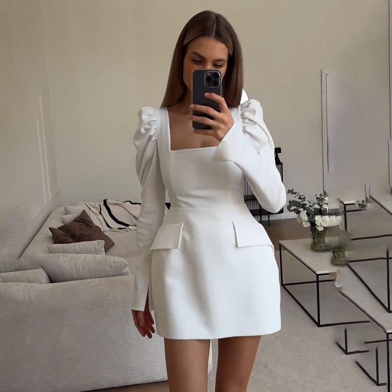 Bateau Neckline A-Line Long Sleeved Mini Dress