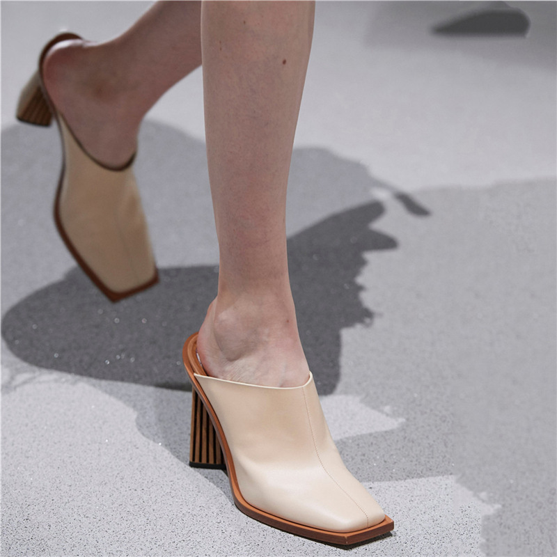 Summer Europe and The United States Catwalk High-Heeled Square Toe Toe Slippers Shaped Heel Sandals Large Size Ladies High Heels