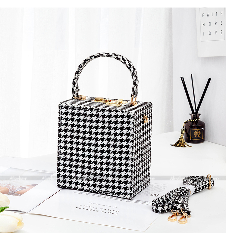 With Code Lock Houndstooth Box Shoulder Bag New Elegant Korean Purses And Handbags Female Big Square Crossbody Retro Bag
