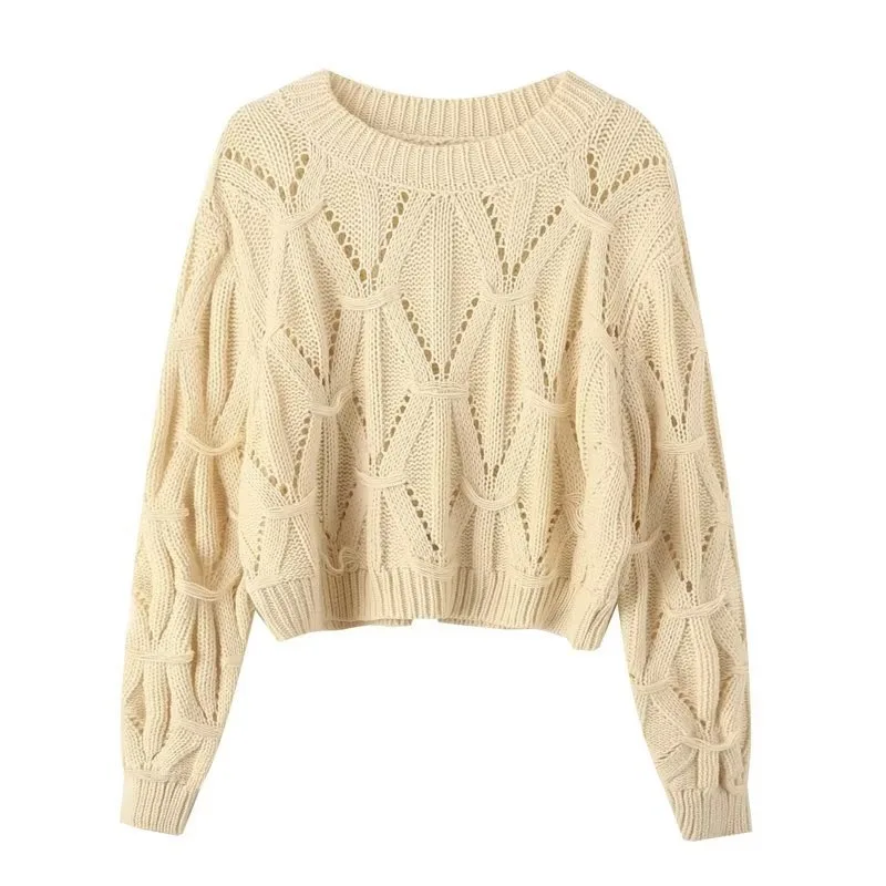 Ladies Relaxed Crew Neck Plain Openwork Sweater