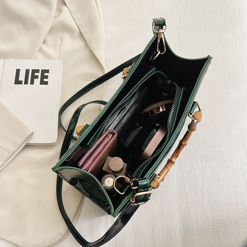 High Quality Leather Shoulder Bag For Women Luxury Alligator Handbag Designer Women Bag Retro Bamboo Handle Tote Bag Female
