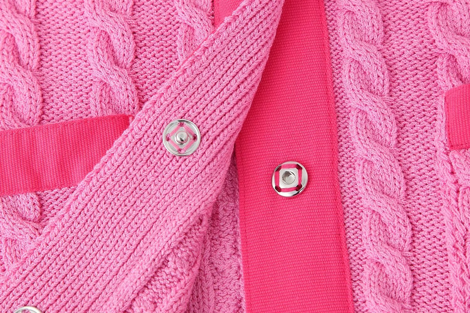 Round neck contrasting color open knit sweater patchwork jacket top
