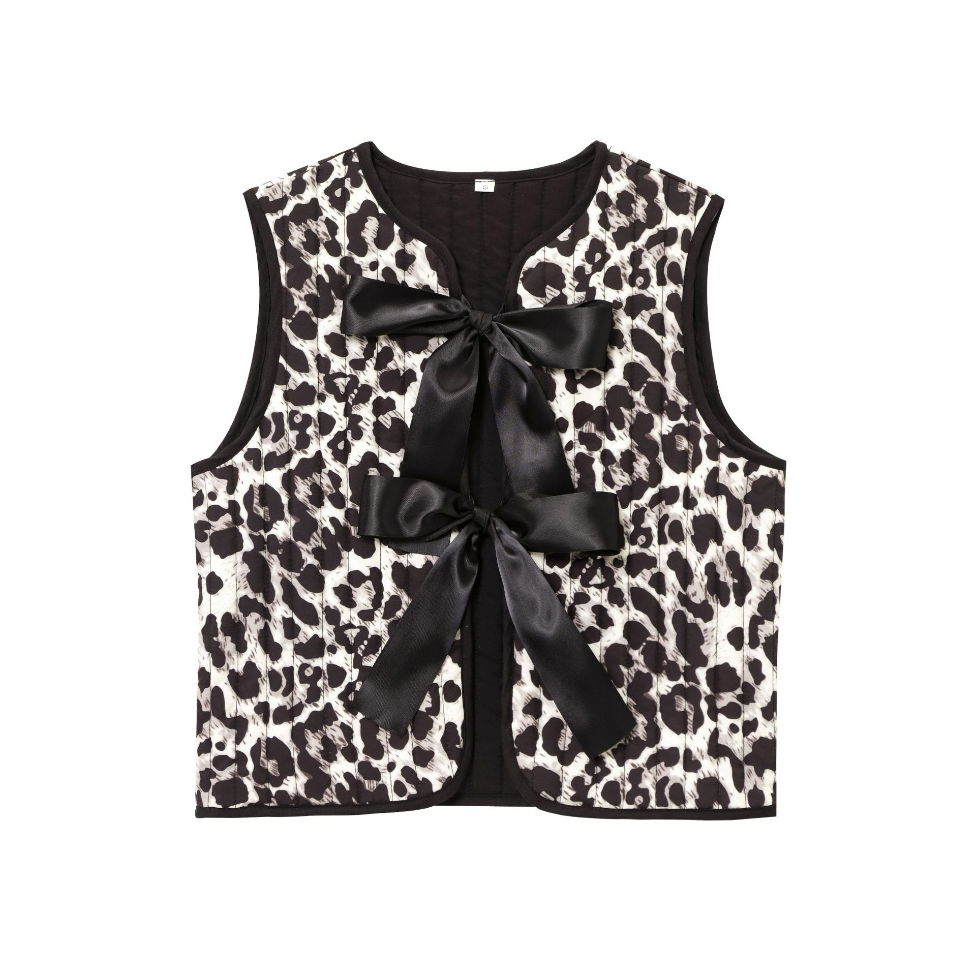 Bow decoration leopard print face vest for women