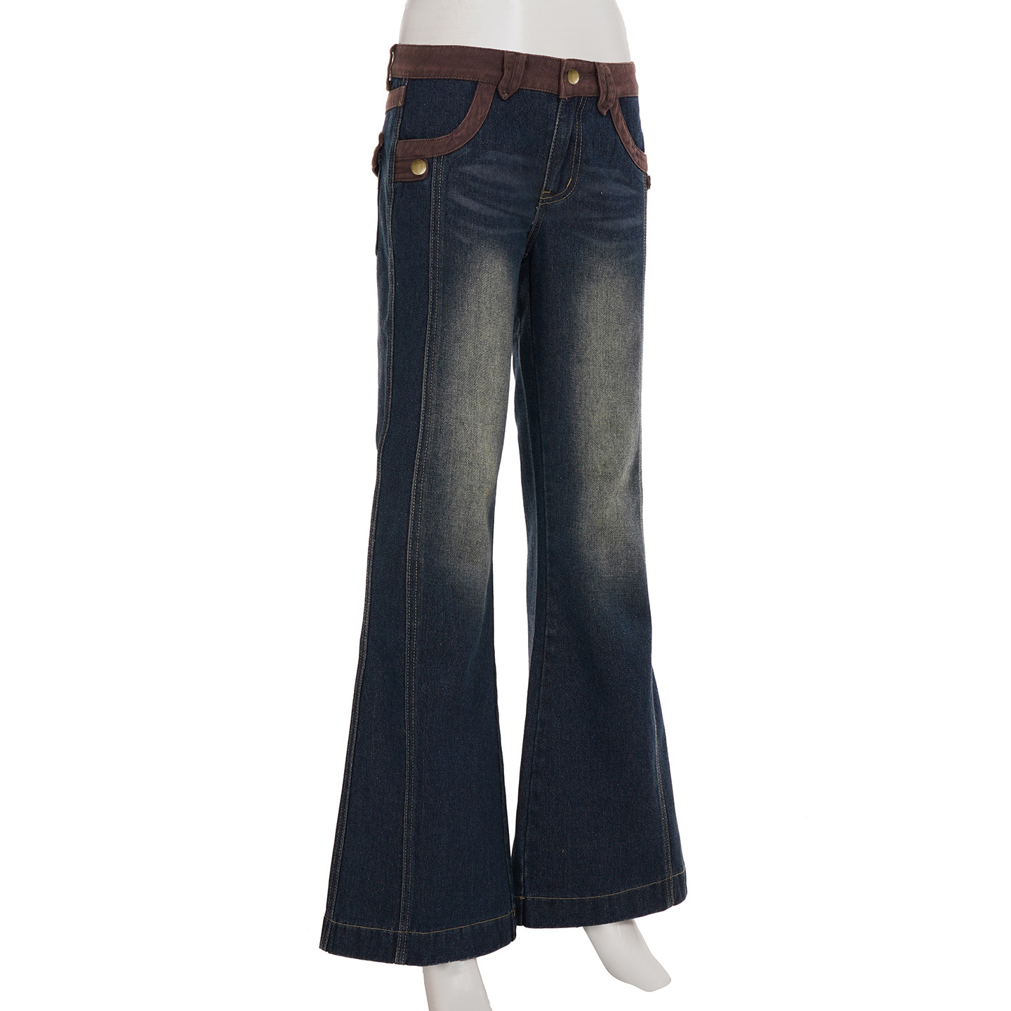 Street Motorcycle Retro Style Patchwork Color Block Flare Denim Pants Slim Fit Casual Long Trousers