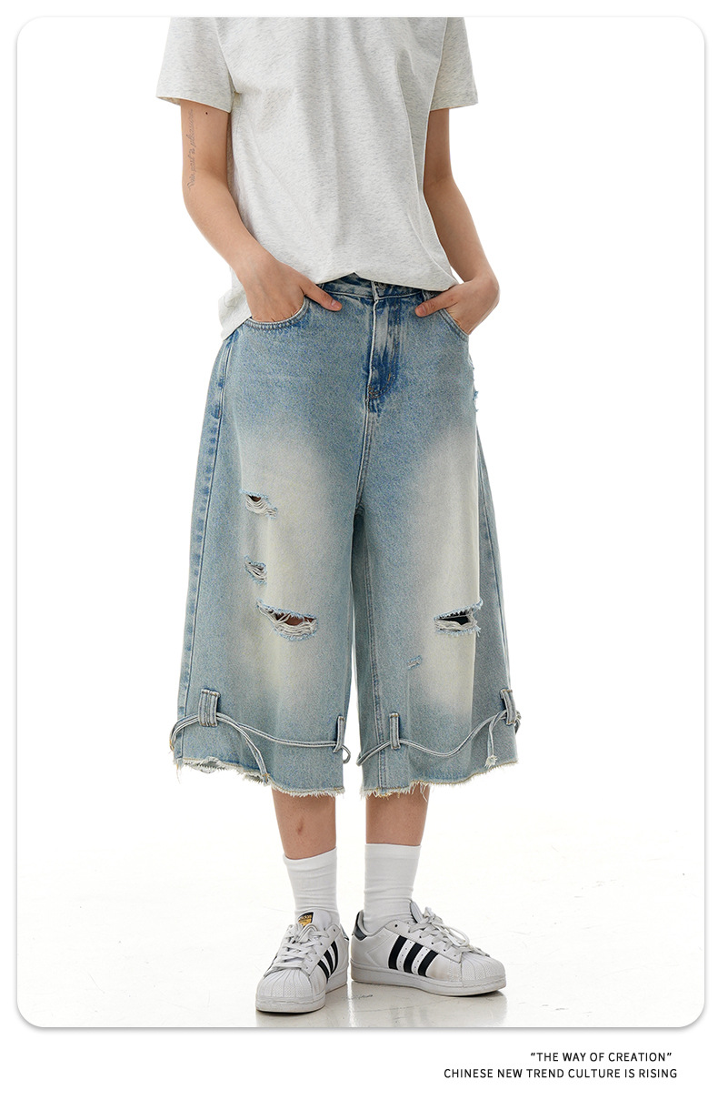 Street Washed Distressed Denim Shorts Loose Wide-Legged Vintage Straight Drawstring Three-Quarter Pants