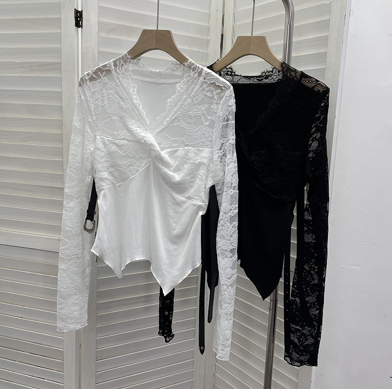 Plunging Wrist-Length Cropped Asymmetric Hem Cinch-Waist Top