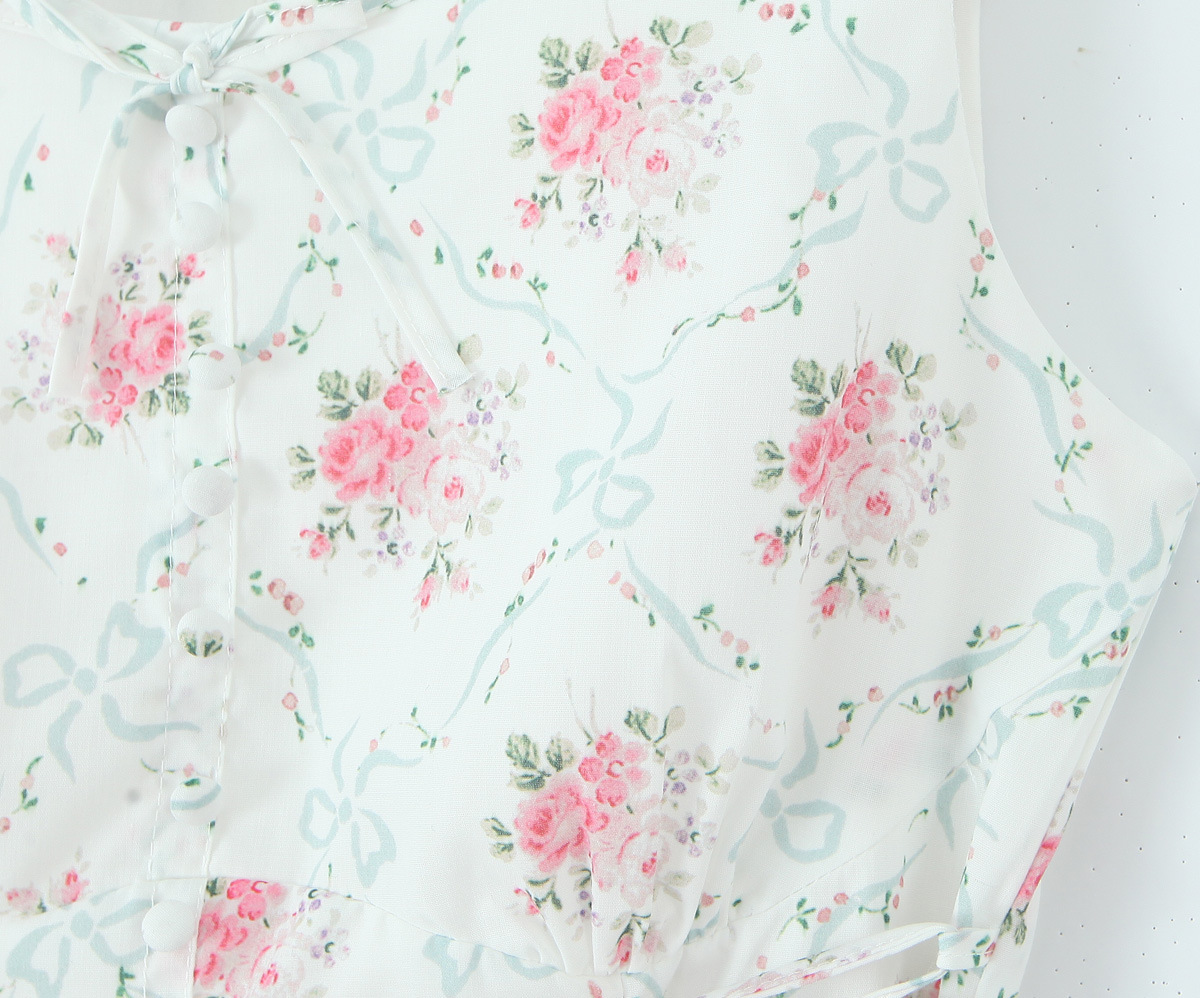 Sleeveless Botanical Print Midi Dress With Ribbon Tie