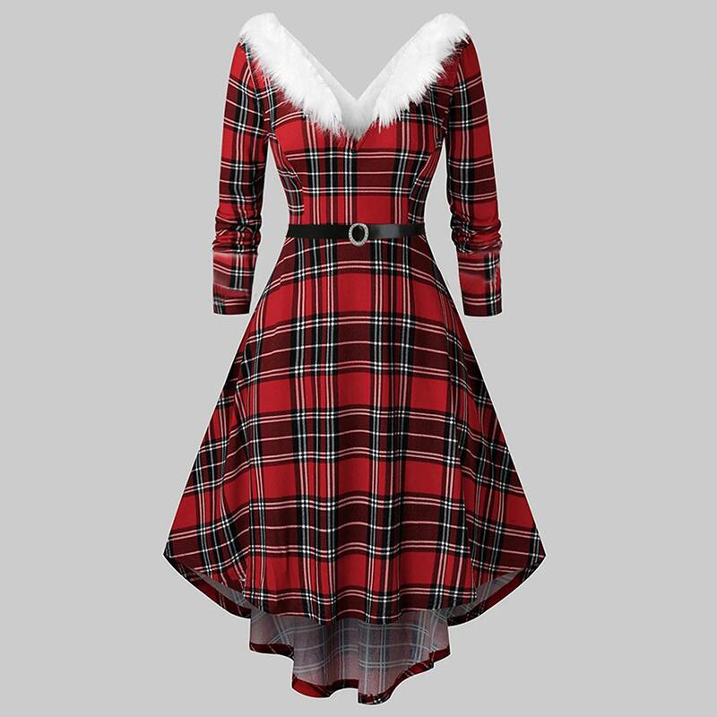 Holiday Ladies' Plaid Vintage V-Shaped Wrist-Length Sleeves Dress