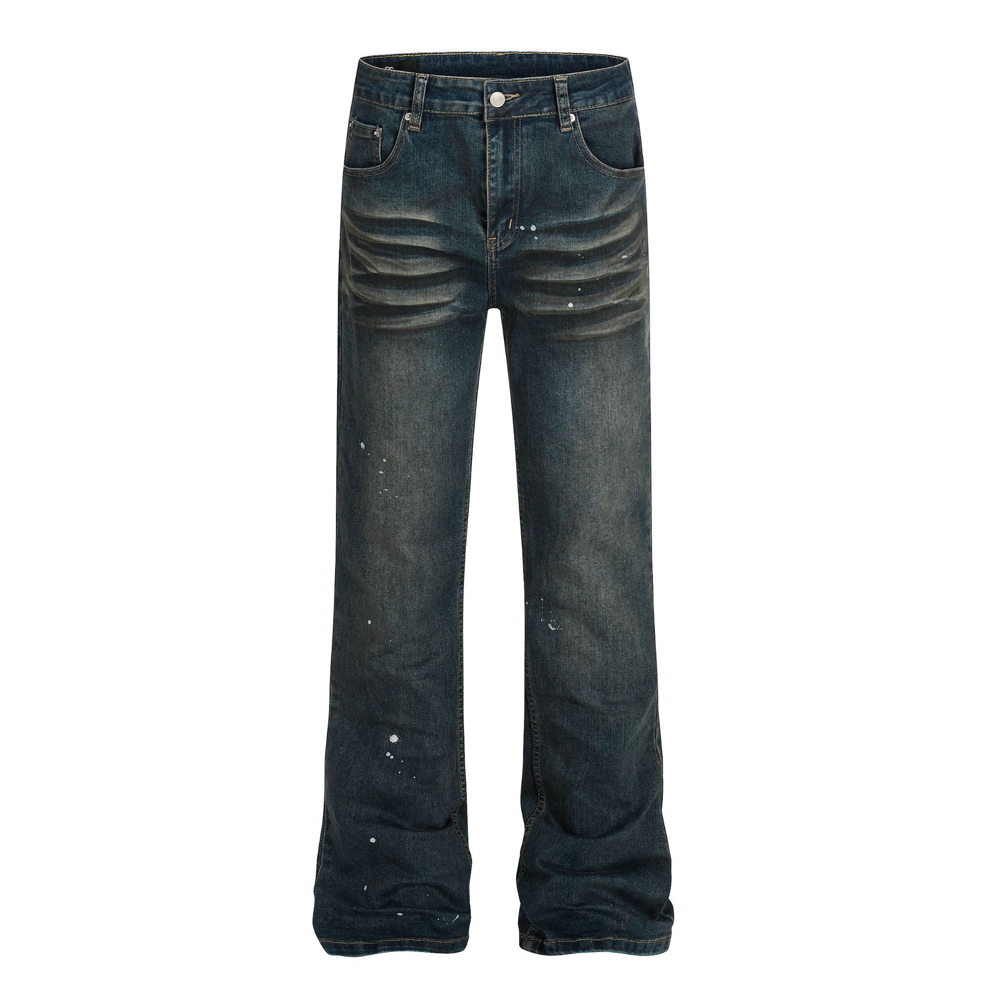 Street Style Unisex High-End Vintage Catwhisker Wash Splatter Design Slim Fit Flared Casual Denim Pants