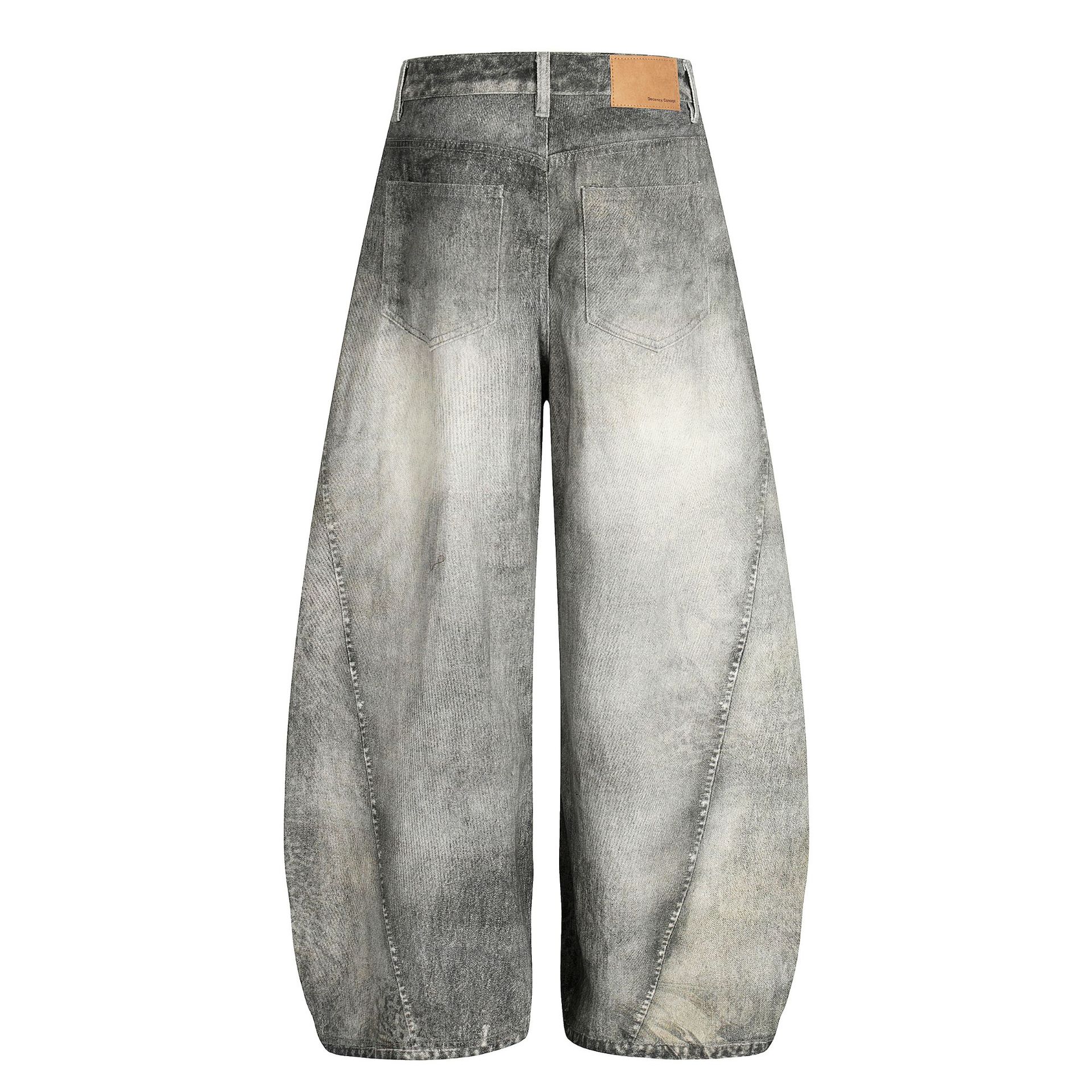 Washed Blue Vintage Distressed High-End Design Men's Loose Knife-Shape Jeans