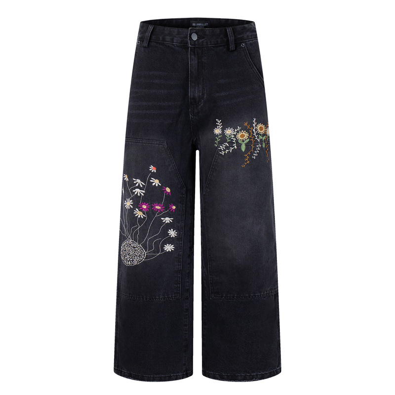 Casual Knife-Edge Pants for Men, Loose Straight-Leg Patchwork Denim Pants, Embroidered Wide-Leg Long Pants