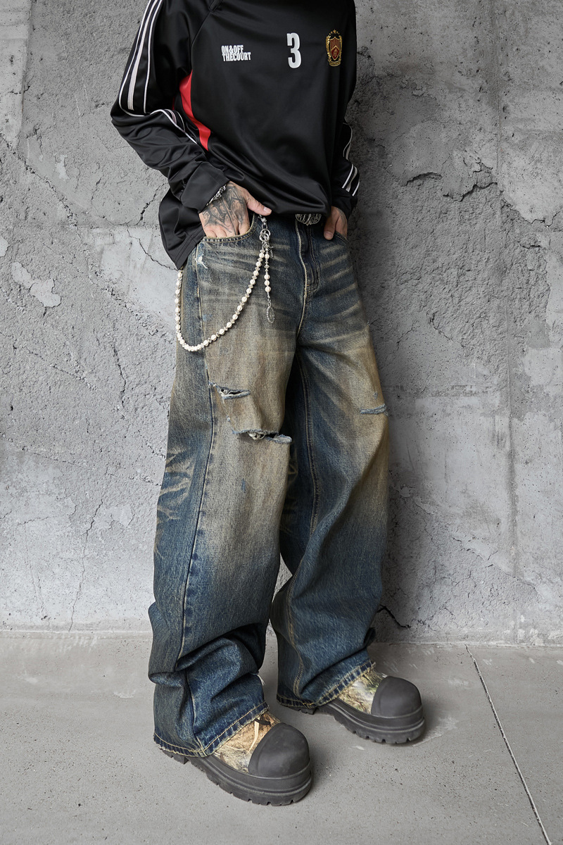 Vintage Washed Ripped Street Style Dagger Cut Denim Pants, Unisex Loose Clean Fit Wide Leg Floor-Length Trousers
