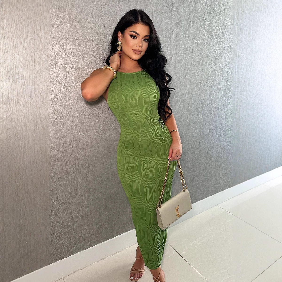 Open Back Sleeveless Collarless Polyester Mid Waist Dress