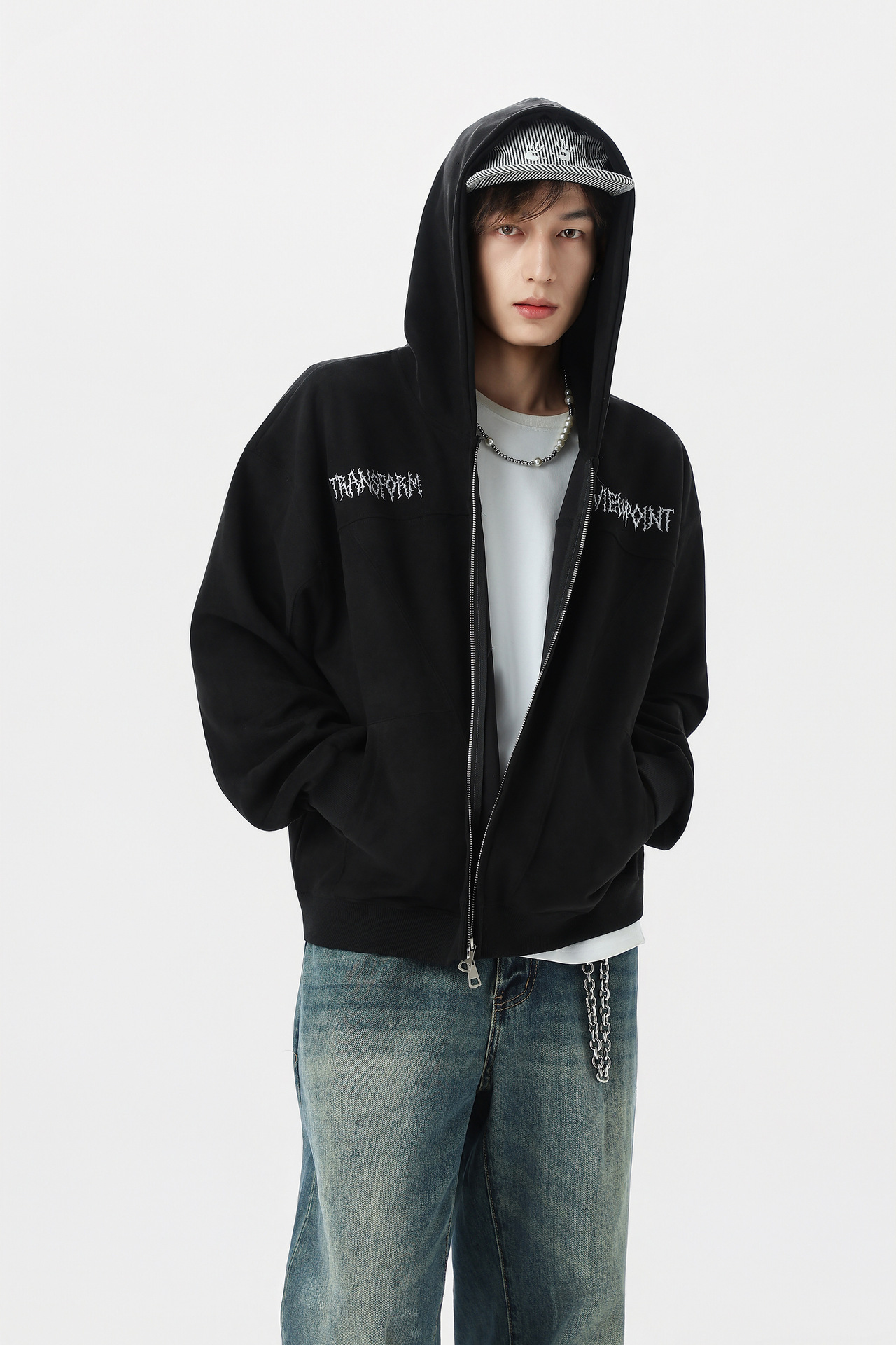 Retro Color-Block Letter Print Hooded Zip-Up Sweater