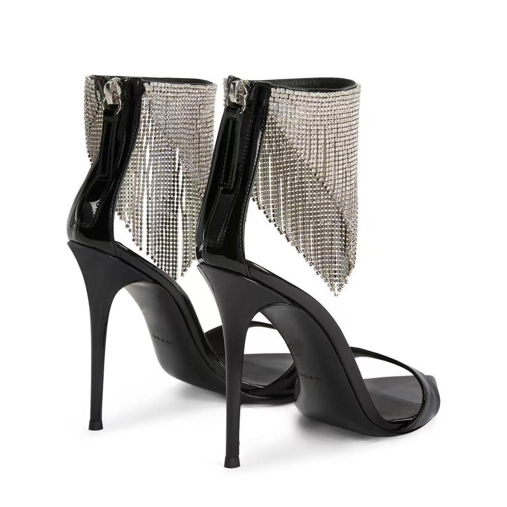 Pointed High Heeled Shoes For Women, Slim Heeled Fish Mouth Shoes, Tassel Hollowed Out Rhinestone Banquet Sandals For Women
