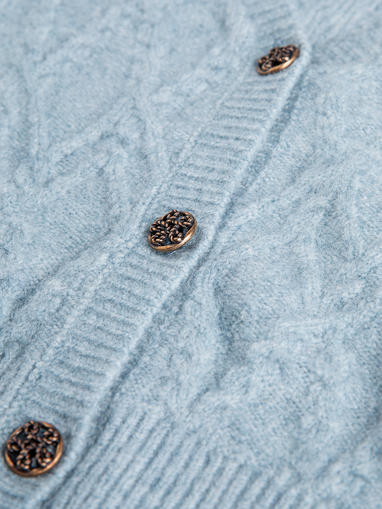 Plain Acrylic Plunge Puffed Button-Front Fitted Cardigan