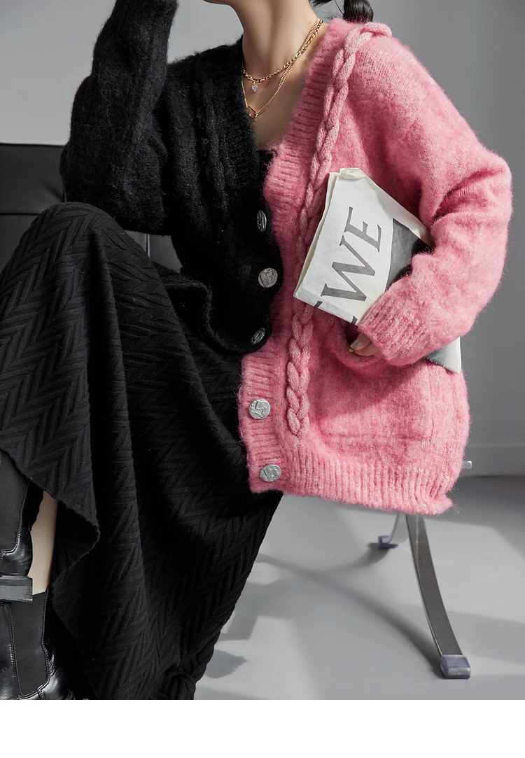 Ladies Colorblock Chunky Oversized Knitted Cardigan