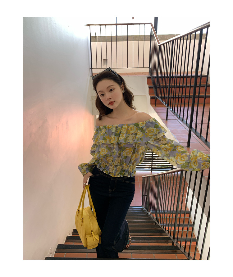 Long Sleeve Lotus Leaf Neck Fragmented Floral Blouse