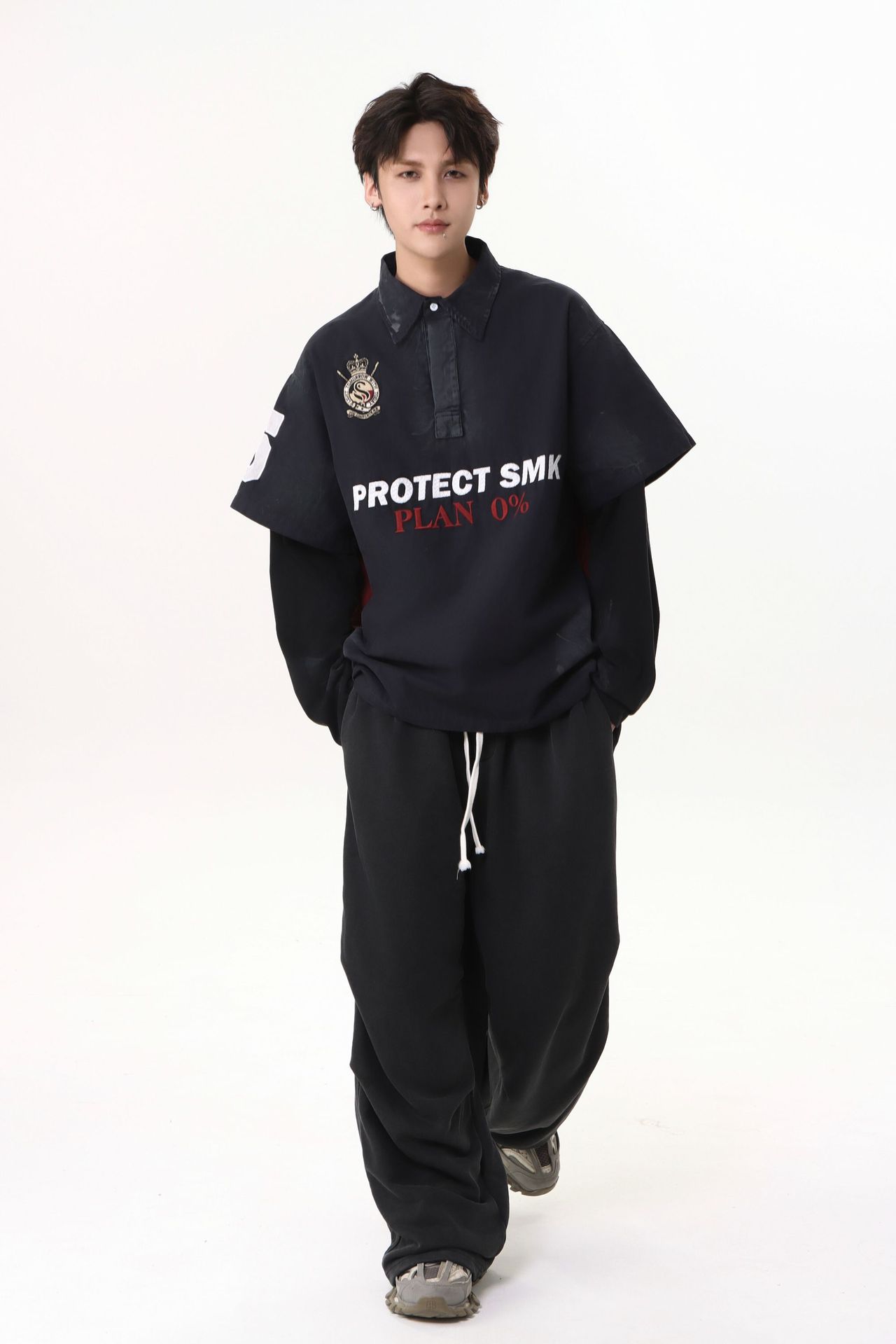 Heavyweight Cotton Long Sleeve Faux-Layered Button-Up Letter Hoodie
