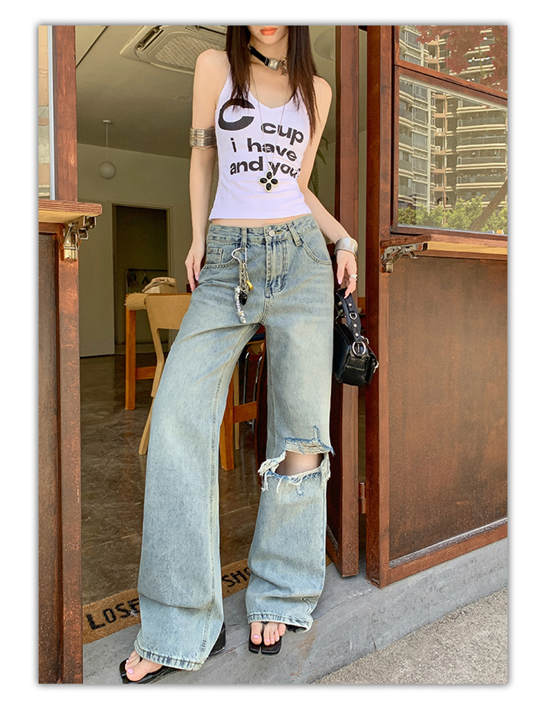 Light Blue Distressed Wide-Leg Jeans Women Retro Design Loose Straight Pants High Street