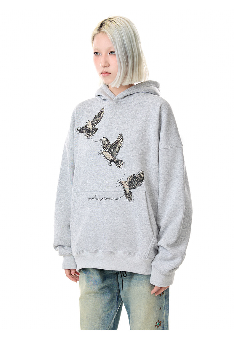 Cotton Blend Loose Fit Bird Graphic Hoodie