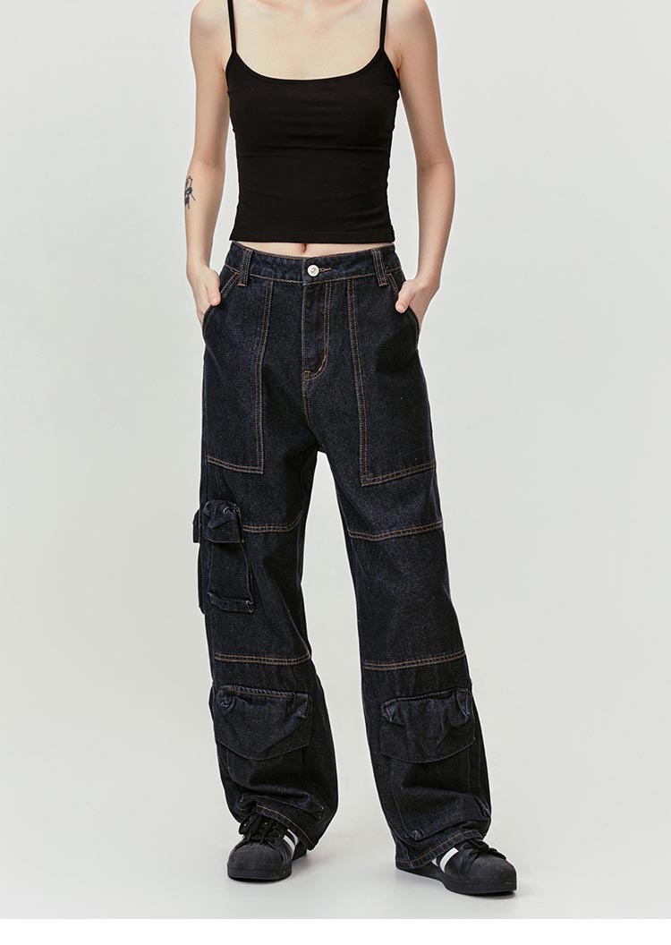 Washed Leg White Faded Multi-Pocket Straight Tapered Jeans Long Pants