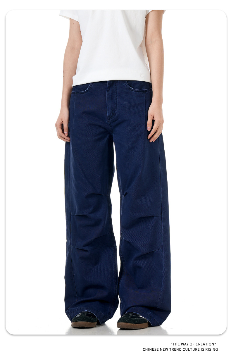 Simple Work Pants for Men and Women Faded Pleated Loose Wide-Leg Trendy Casual Trousers
