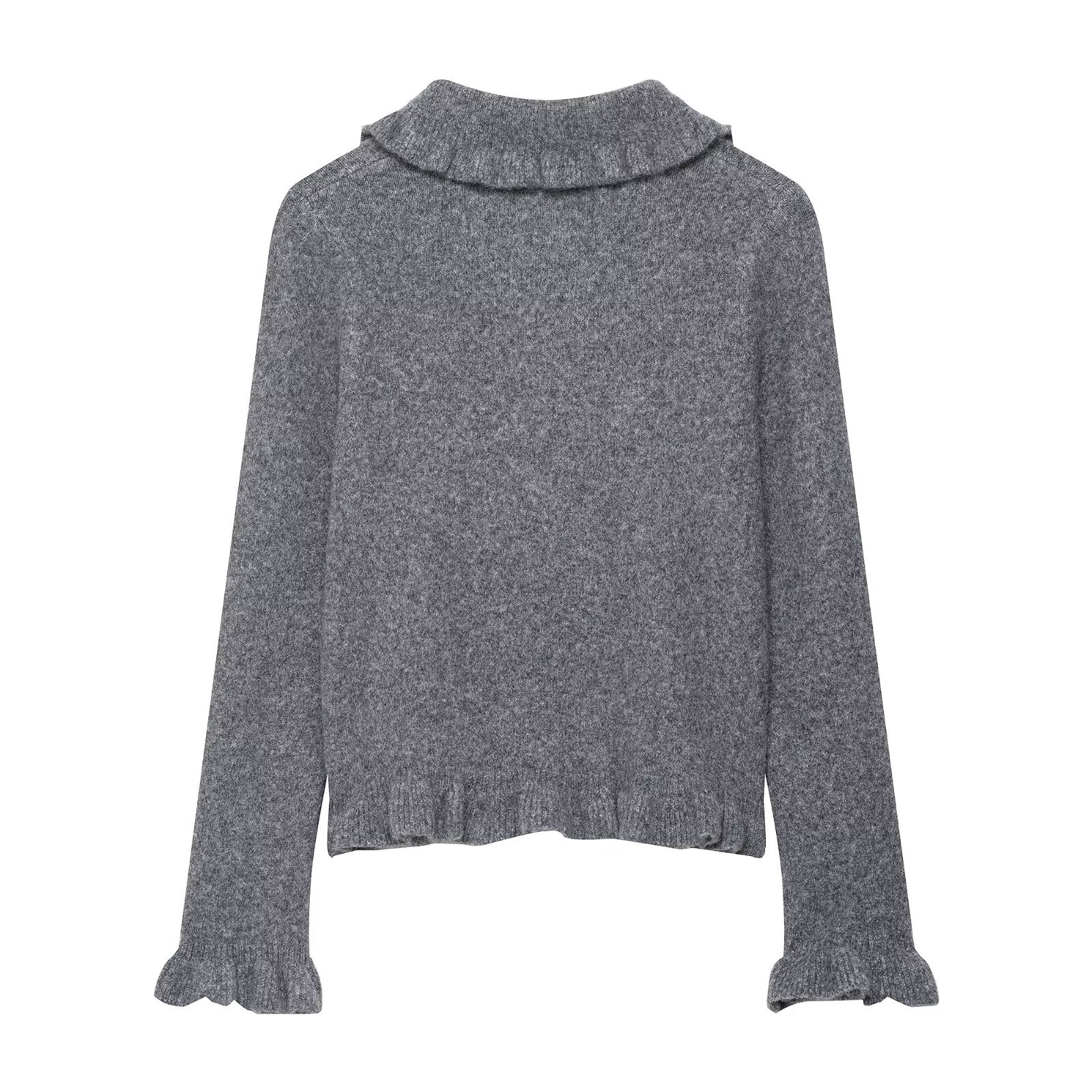 Ladies Charcoal Ruffle One-Button Flip Collar Sweater