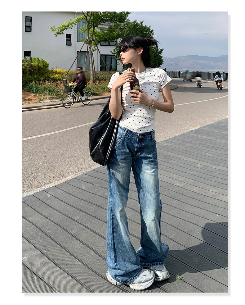 Women's Cracked Wide-Leg Jeans Summer Loose Drape Bell-Bottom Pants