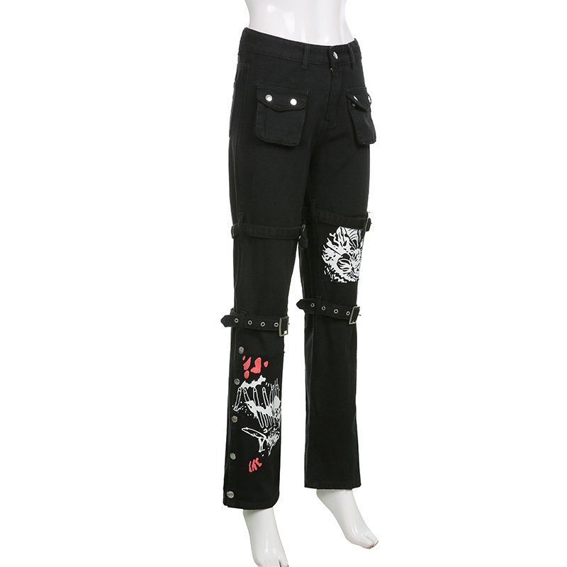 Metal buckle contrasting print high waisted workwear jeans for women