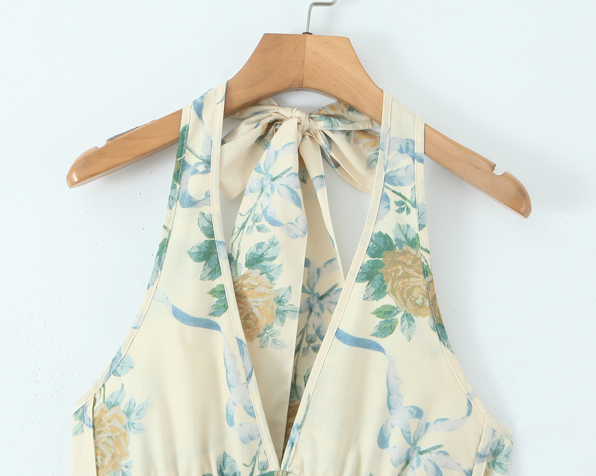 Cotton Print Ribbon Front Halter Maxi Dress