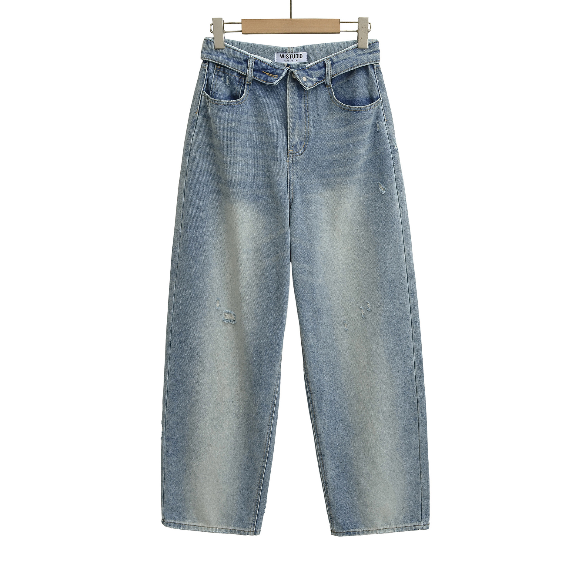 Curled high waisted back pocket wide leg mop jeans