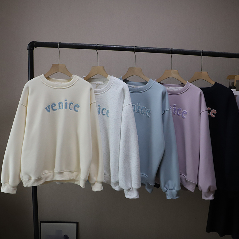 Letter Towel Embroidery Fleece Lined Thick Loose Casual Hoodie for Women