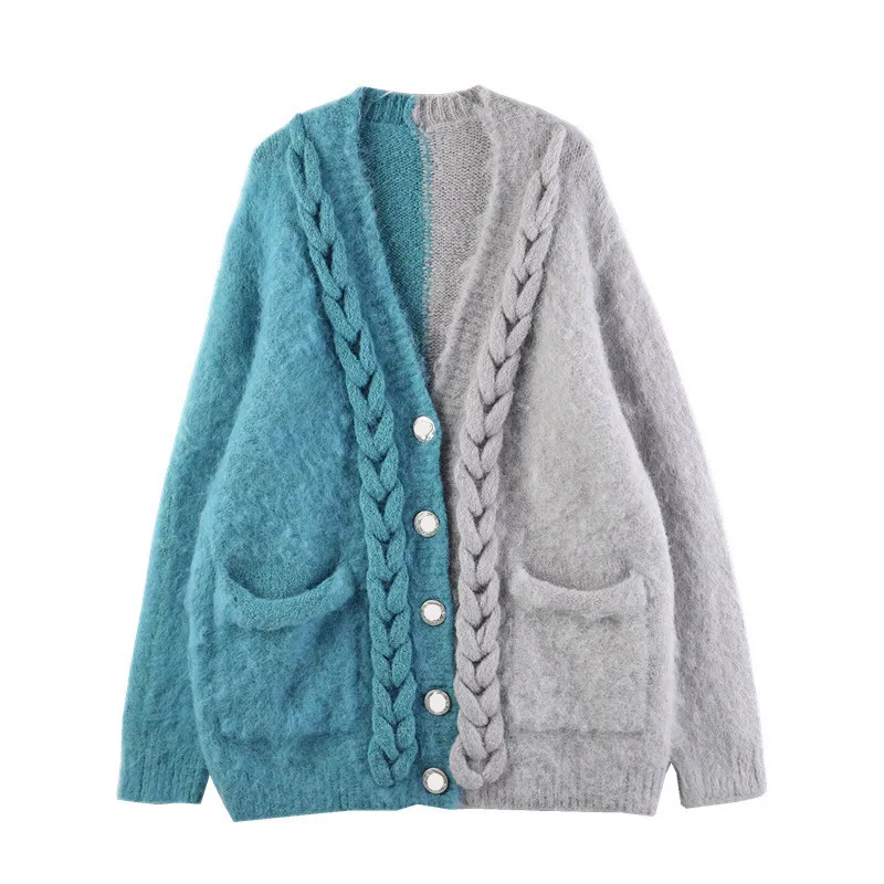 Ladies Colorblock Chunky Oversized Knitted Cardigan