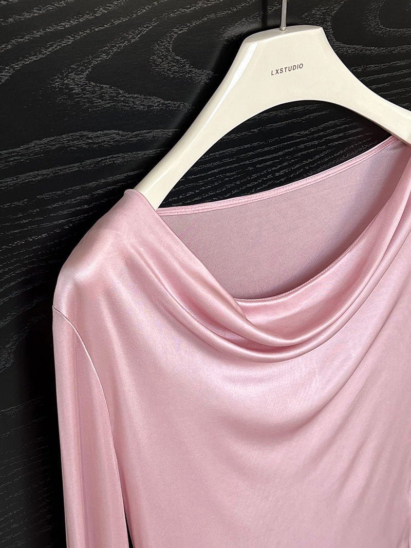 Women Slim Solid Cowl Neck Elongated Sleeve Tee