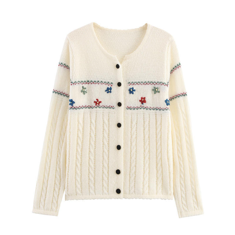 Relaxed Fit Full Arm Stitched Flower Cardigan