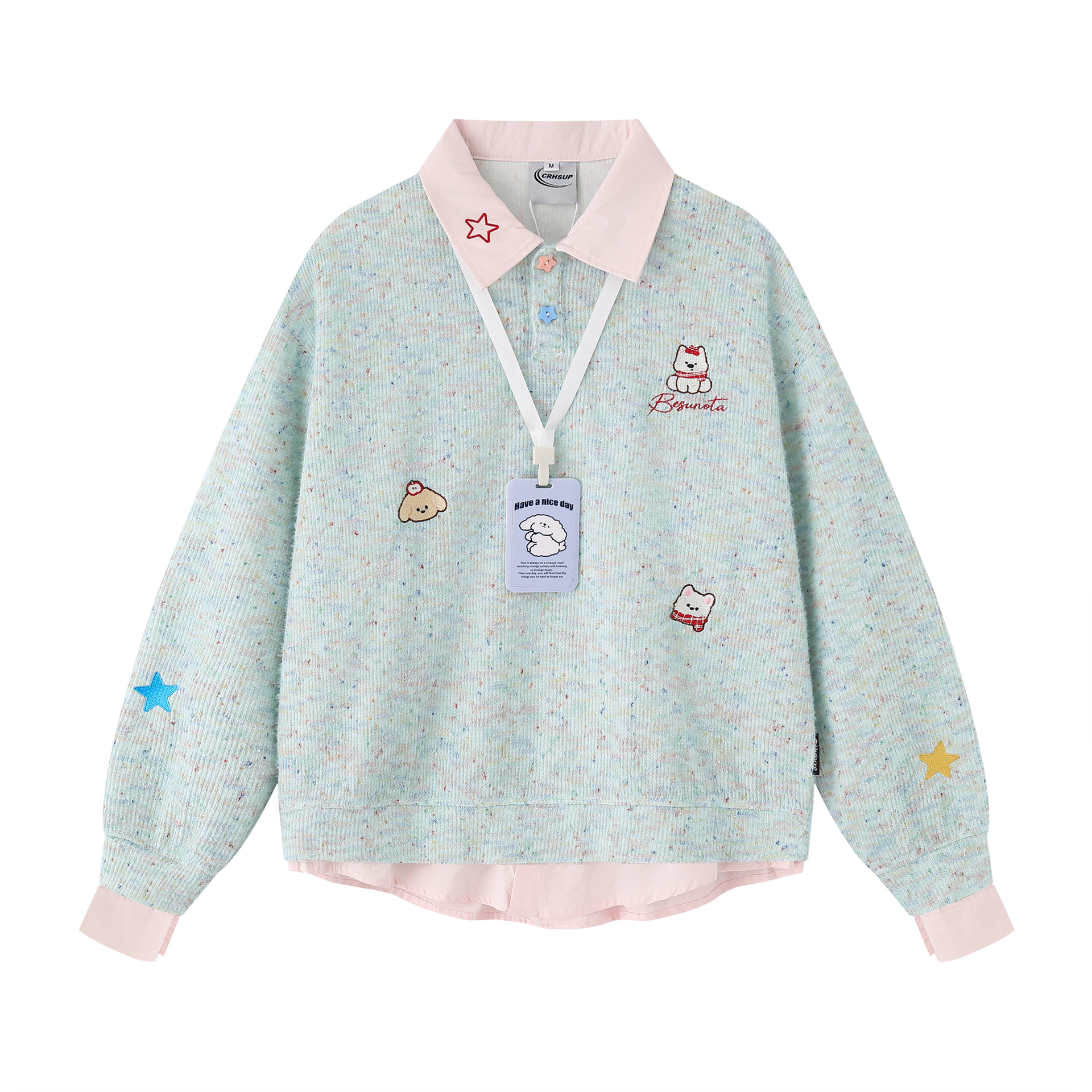 Retro Layered Oversized Puppy Motif Fold-Over Sweatshirt