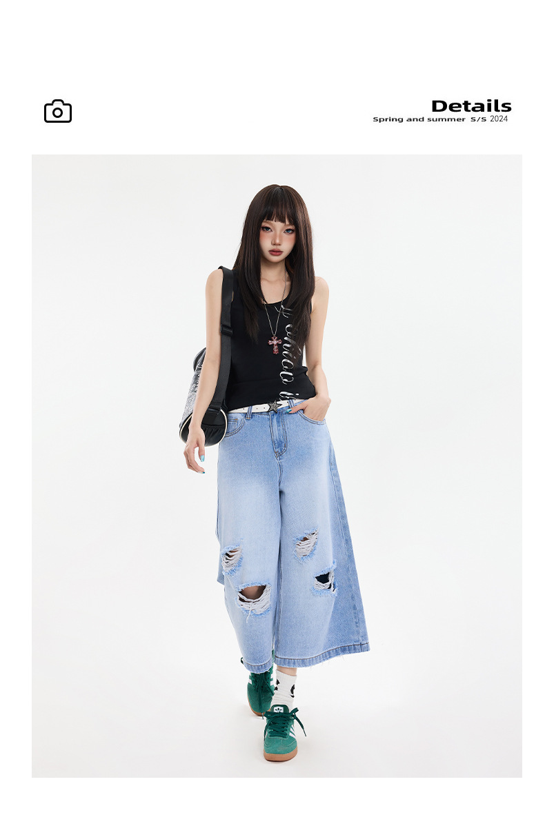 Black Gray Hole Seven-Point Denim Pants Women Vintage Wide-Leg Straight Leg Pants High Street Trendy