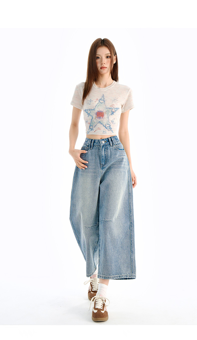 Vintage Washed Calf-Length Denim Pants for Women with Pleated Design, High-Waisted Straight-Leg Wide-Leg Trousers