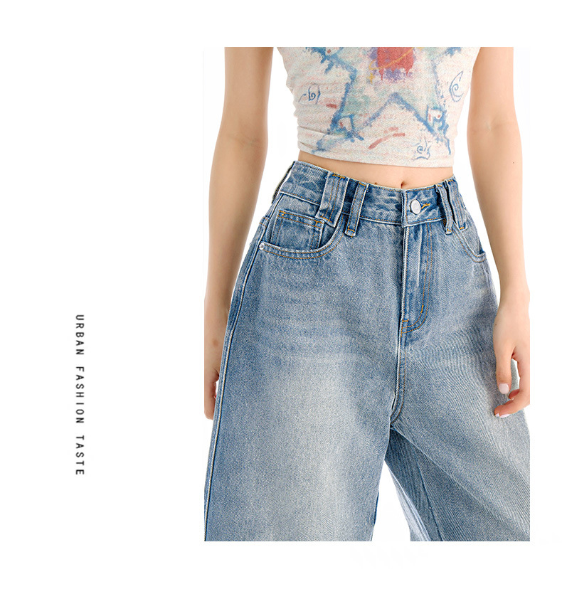 Vintage Washed Calf-Length Denim Pants for Women with Pleated Design, High-Waisted Straight-Leg Wide-Leg Trousers