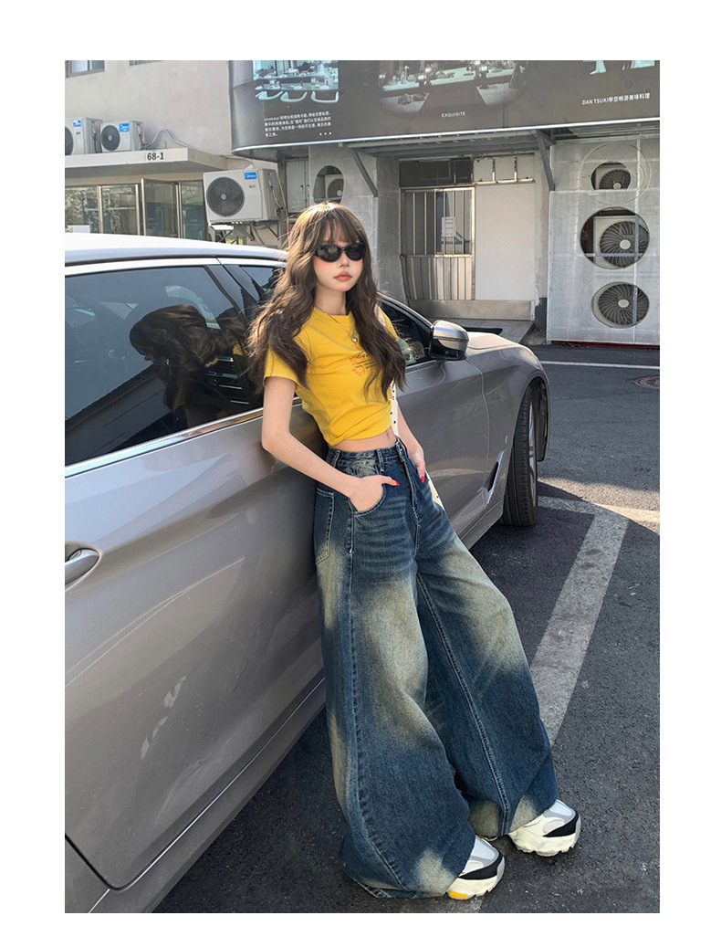 Women's Wide-Leg Jeans Low-Waist Loose Washed Straight Pants