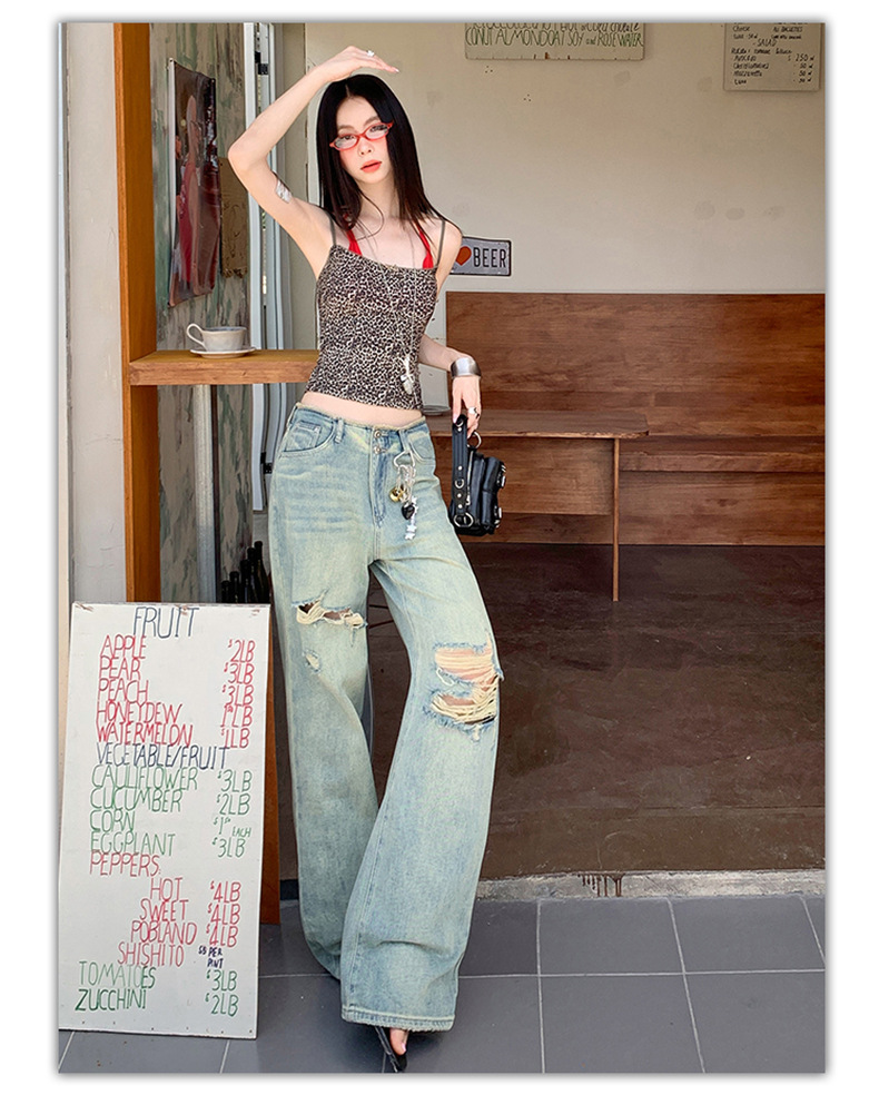Women's Thin Straight Hole Jeans High Waist Slim Narrow Leg Wide Leg Pants