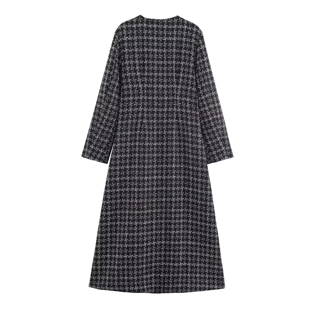 Round neck single breasted plaid woolen dress for women